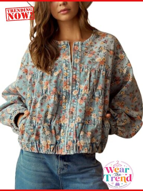 Jackets & Blazers - Oversized Floral Denim Bomber Jacket Zip Jean Jacket